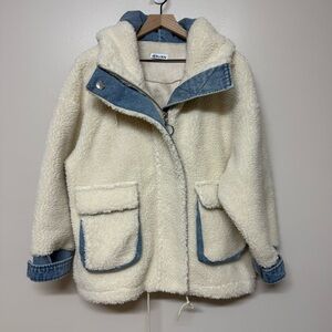 Herlian Women’s Denim and Sheep Wool Oversized Boxy Hooded Jacket‎ Sz Small